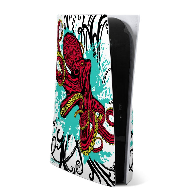 Sony PS5 skin decal with red octopus graphic on teal, black and white background