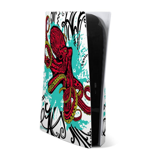 Sony PS5 skin decal with red octopus graphic on teal, black and white background