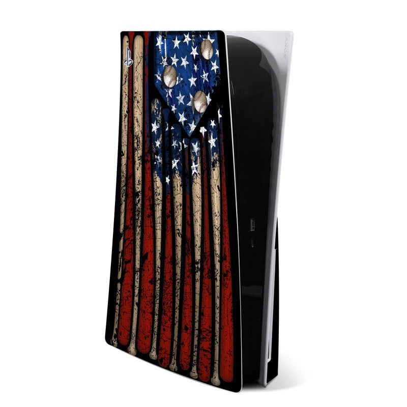 PlayStation 5 console skin with vintage American flag graphic, red and blue stars
