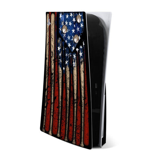 PlayStation 5 console skin with vintage American flag graphic, red and blue stars