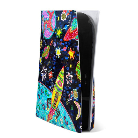 PlayStation 5 skin with colorful outer-space doodle graphic, cut-to-fit design