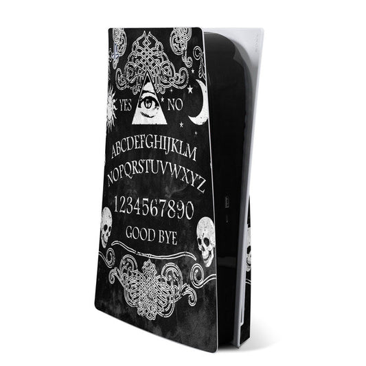 PS5 console skin with black-and-white Ouija-style lettering and skull graphic