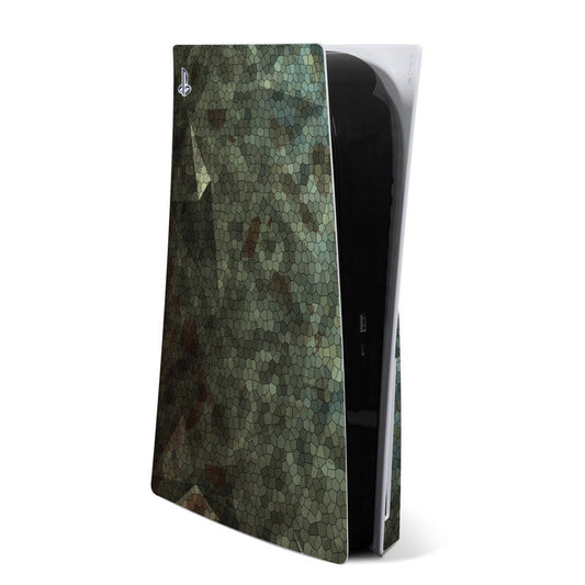 PS5 console skin with green cracked scale pattern