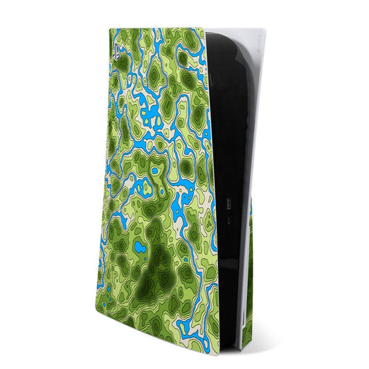 Overlander PS5 skin with green and blue topographic map pattern on front panel