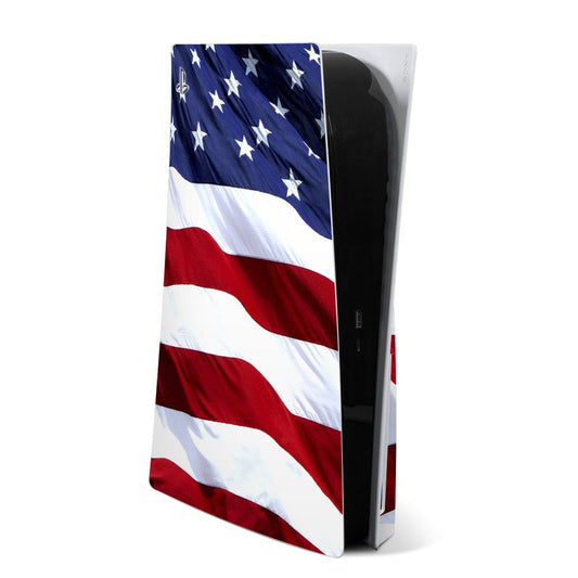 Sony PS5 skin with American flag design: blue field with white stars and red-and-white stripes