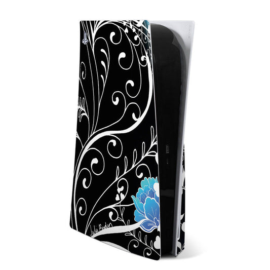 Sony PS5 skin with black, white swirl and blue feather artwork