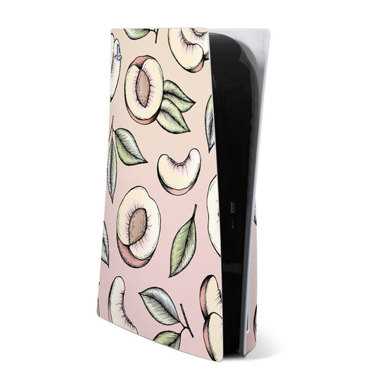 PlayStation 5 console skin with peach-pink base, large lips and green leaf pattern