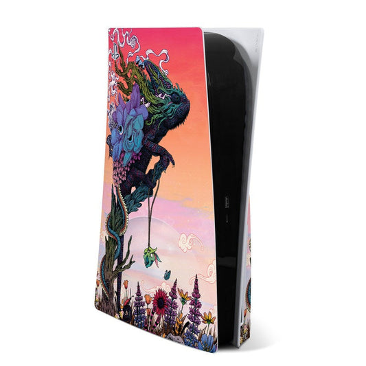 Sony PS5 skin with colorful fantasy dragon artwork on pink to orange gradient panel