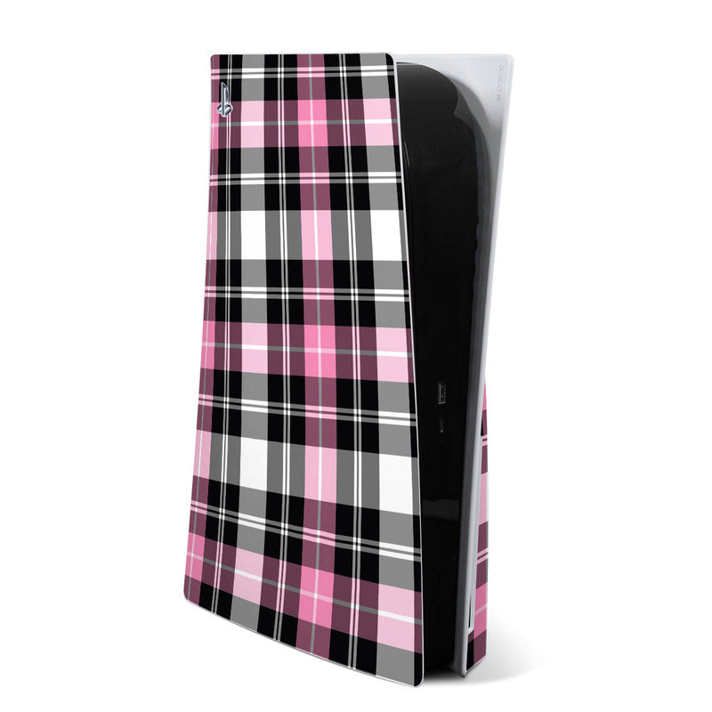 Pink plaid PS5 console skin decal, black and pink tartan pattern