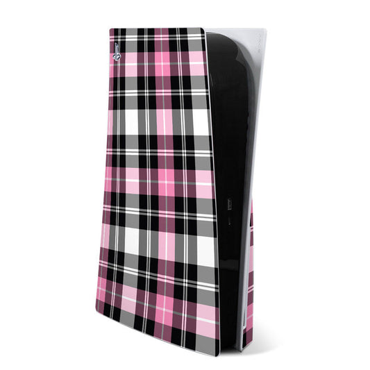 Pink plaid PS5 console skin decal, black and pink tartan pattern