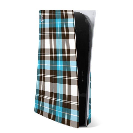 Turquoise plaid PS5 console skin with brown and white check pattern