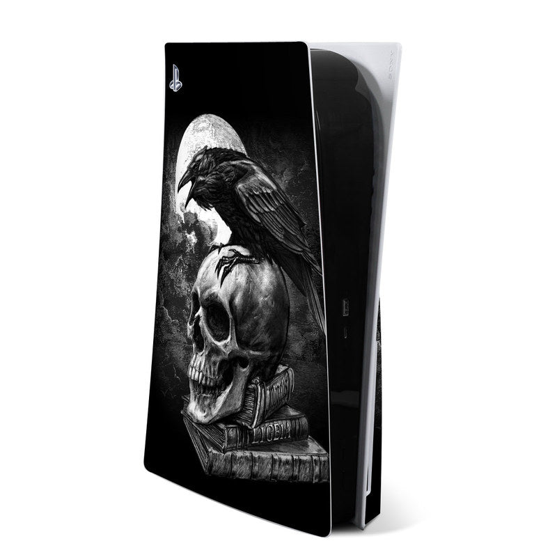 Black PS5 skin with raven and skull graphic on console faceplate wrap