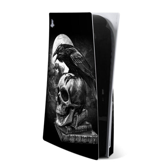 Black PS5 skin with raven and skull graphic on console faceplate wrap