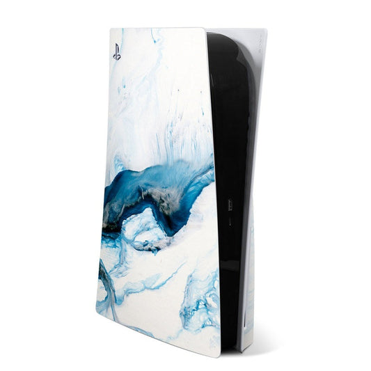PS5 console skin with white and blue marble pattern, covers front and side