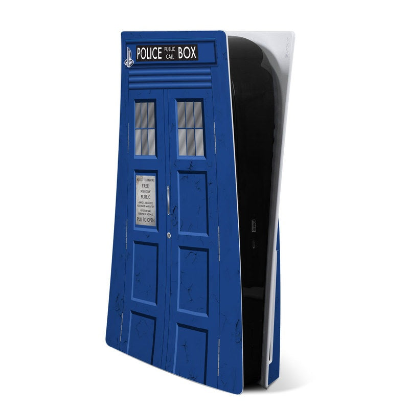 Blue police box PS5 skin with door and windows design