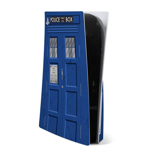 Blue police box PS5 skin with door and windows design