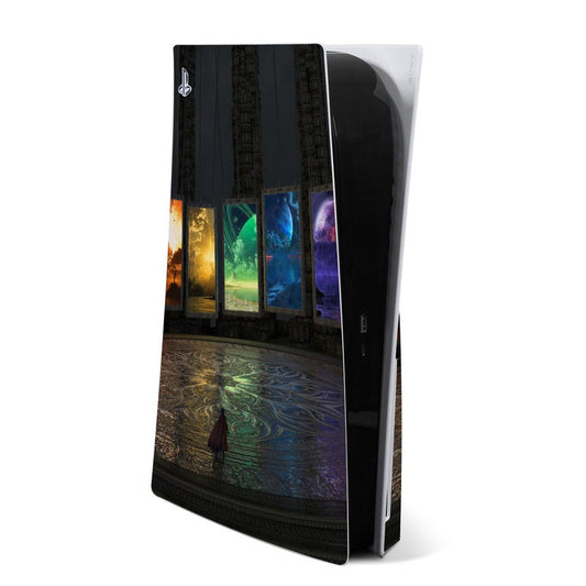 PlayStation 5 console skin with colorful portal artwork on dark base