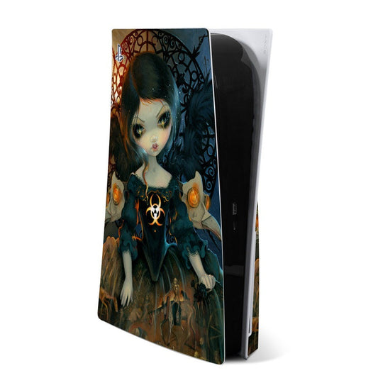 PS5 console skin with dark teal elf-girl illustration and orange accents