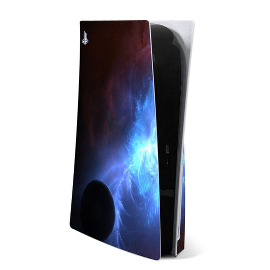 Pulsar PS5 console skin with dark blue and purple nebula flame pattern