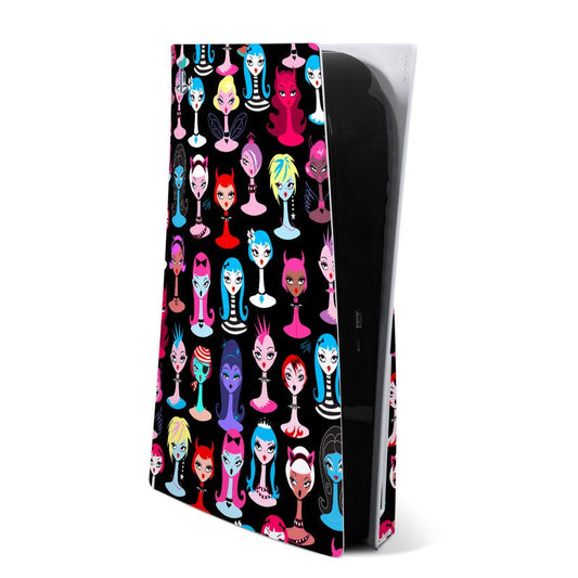 Sony PS5 skin with repeating gothic doll character graphics in pink, blue, and black