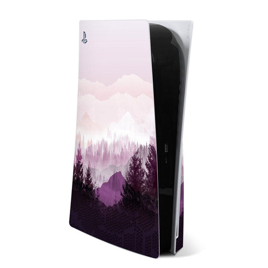 PS5 console skin with purple and white landscape mountains and trees graphic