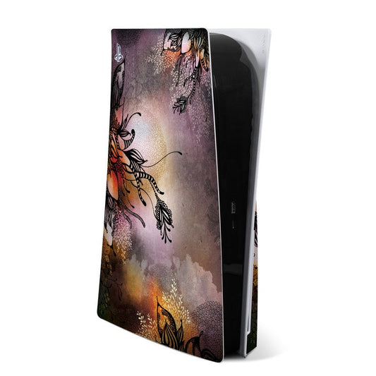 Sony PS5 skin with purple abstract floral artwork on matte cover