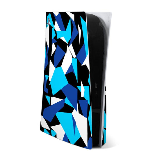 PS5 console skin with blue, black and white geometric pattern