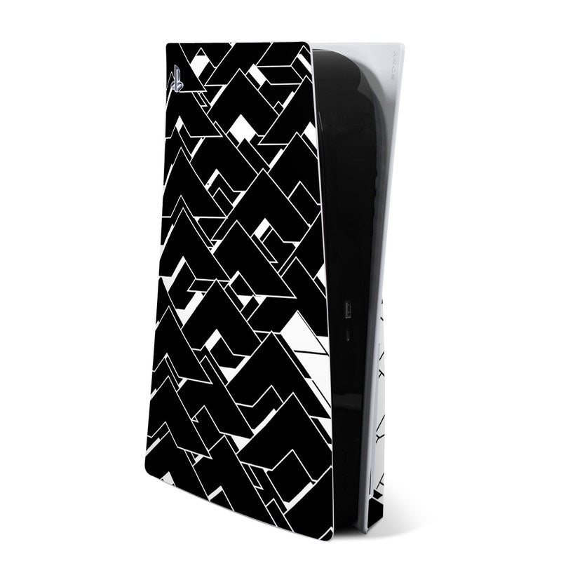 Sony PS5 skin with black background and white geometric pattern panels