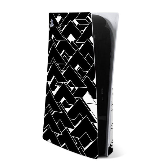 Sony PS5 skin with black background and white geometric pattern panels