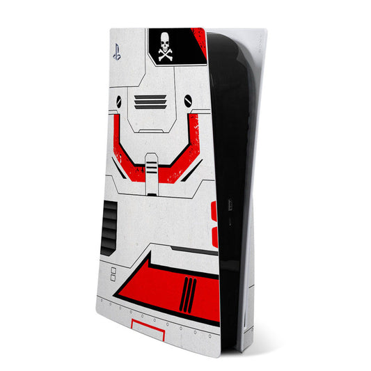 PlayStation 5 console skin with white armor pattern, red trim, black emblem