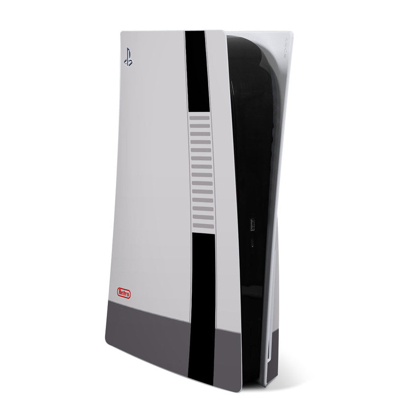 Sony PS5 skin with white base, black vertical stripe, and gray vent lines