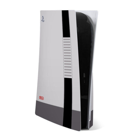 Sony PS5 skin with white base, black vertical stripe, and gray vent lines