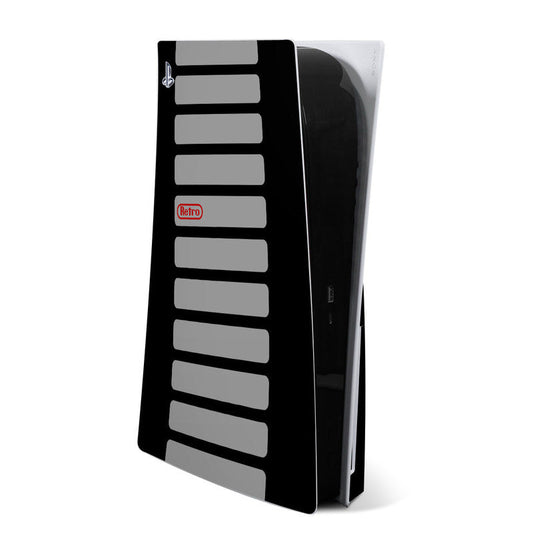 Sony PS5 console skin with Retro logo and gray stripe panels on black