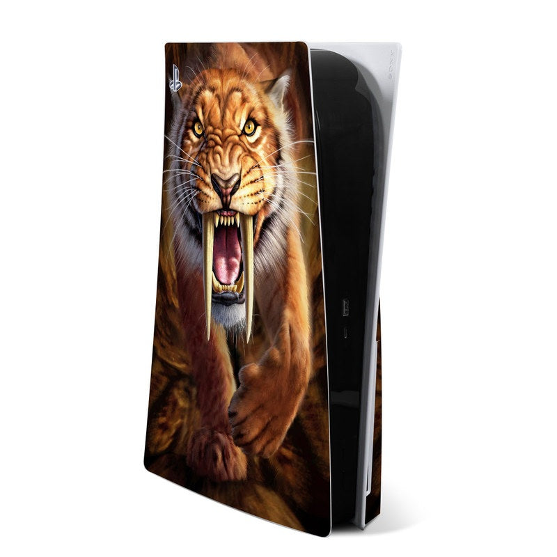 Sabertooth PS5 skin decal with roaring tiger face artwork in brown and orange tones