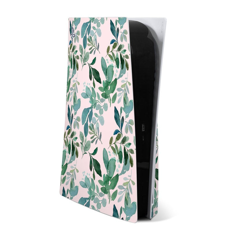 Sony PS5 console skin with sage green leaf pattern on light background