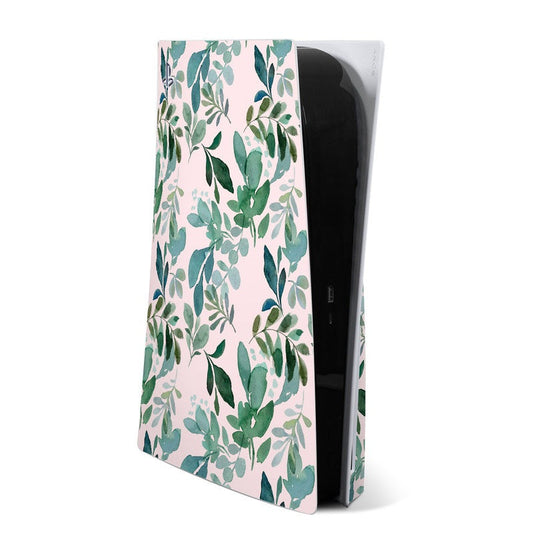 Sony PS5 console skin with sage green leaf pattern on light background