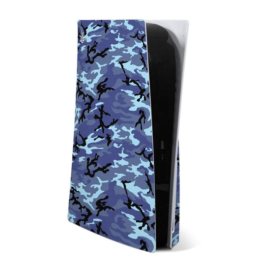 Sony PS5 skin with blue sky camo design, covering front of black console