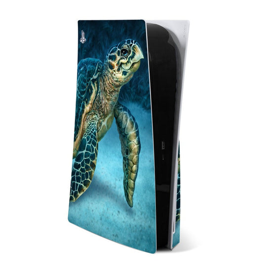Sea turtle PS5 console skin with teal turtle graphic on dark console face