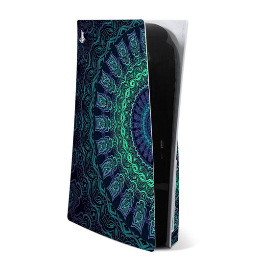 PS5 console skin with teal and blue geometric mandala pattern, glossy black edge