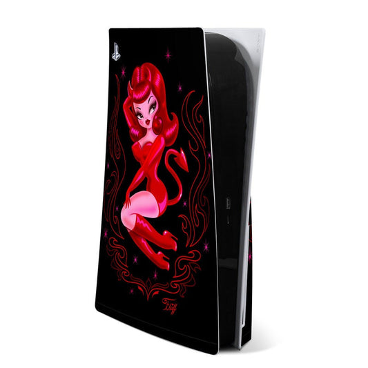 PlayStation 5 console skin with red devil girl artwork on black