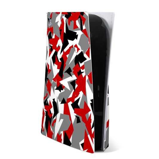 Sony PS5 skin with red, white and black abstract shard pattern