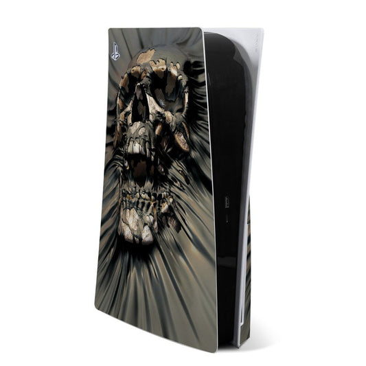 PS5 skin wrap with skull graphic on matte black console panel
