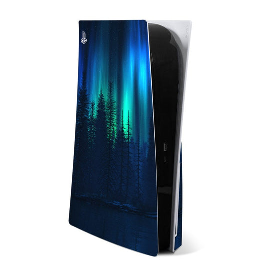 PS5 console skin with blue night sky and green forest graphic