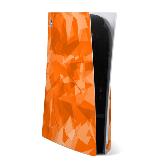 PS5 console skin with orange geometric pattern on a black body
