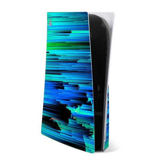 Sony PS5 skin: blue and teal space-striped design on console side