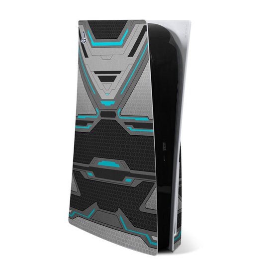 Sony PS5 skin wrap with black gray geometric pattern and teal accents