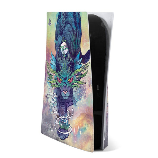 PS5 console skin with colorful spectral cat illustration in teal, purple, and blue