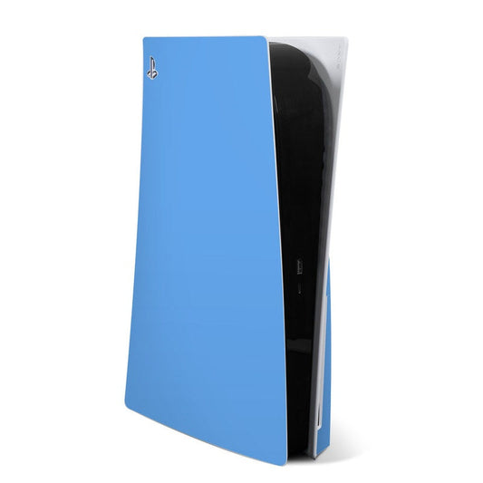 Blue PS5 console skin with PlayStation logo, front panel cover