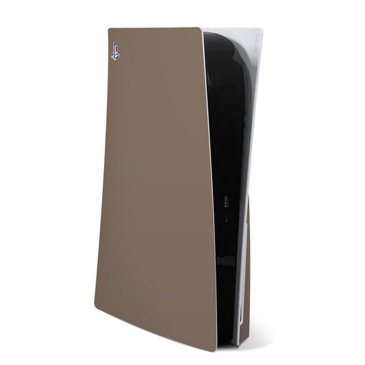 PS5 console skin in flat dark earth brown, covering front and side panels