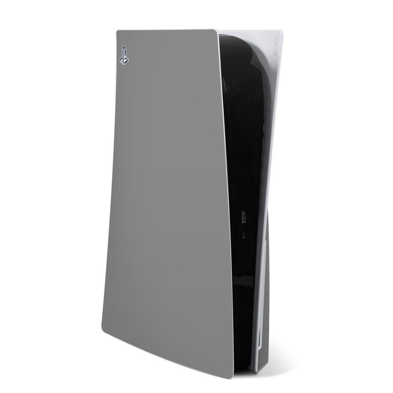 Sony PS5 skin in solid state grey, covering console side panel in angled view